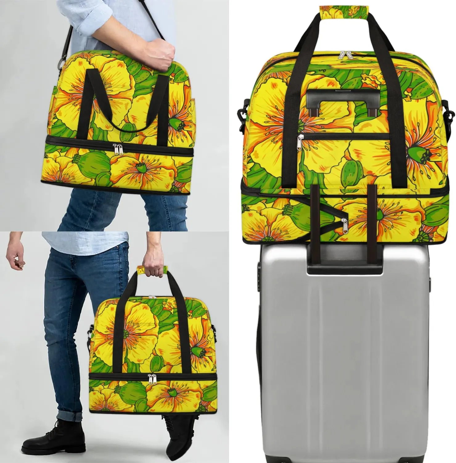 Painting Floral Sports Gym Bag with Shoes Compartment Foldable Travel Duffel Bag Dry Wet Separated Sports Tote Workout Weekender Overnight Bag for Women Yoga Dance Work Training Handbag