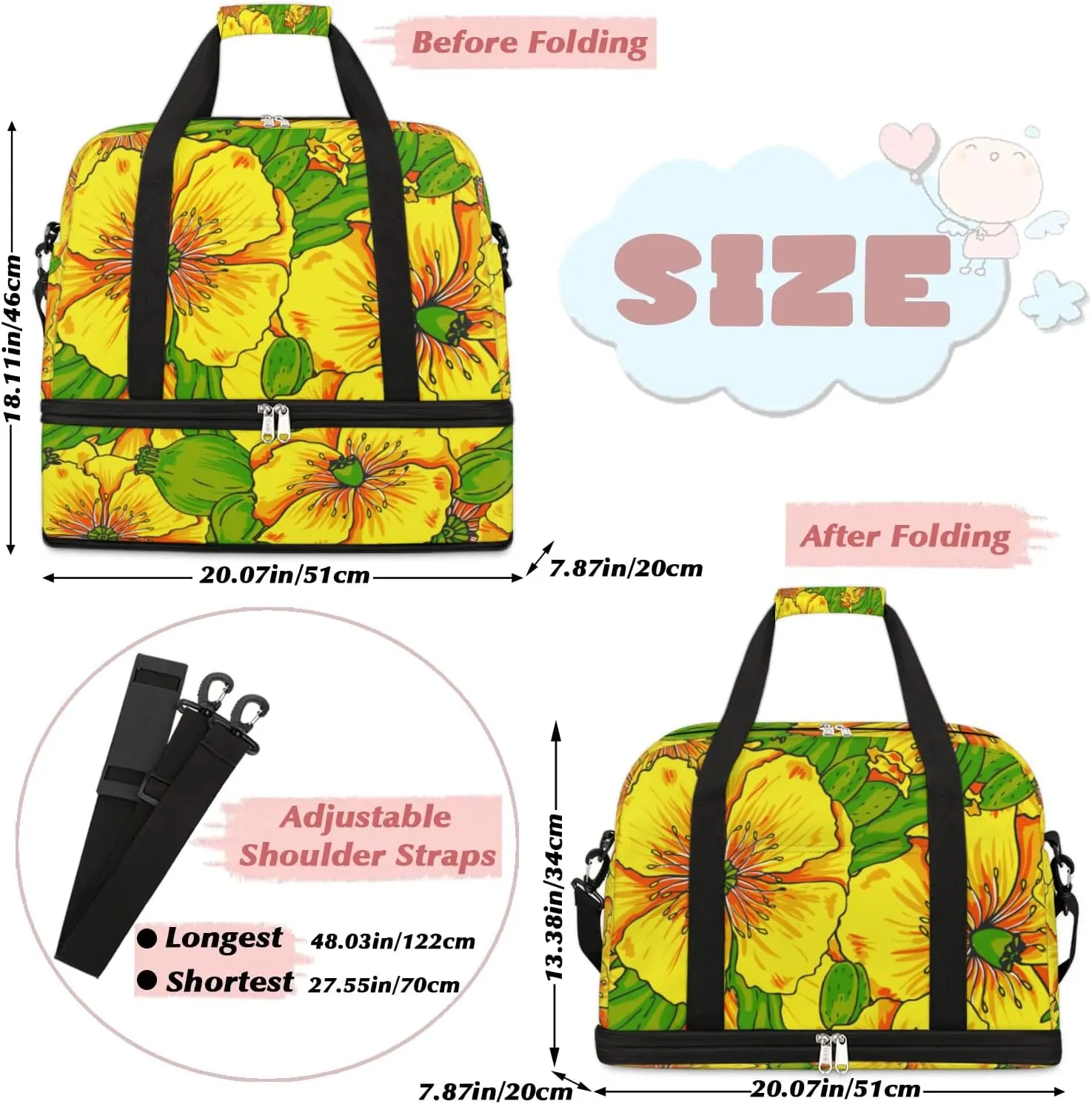 Painting Floral Sports Gym Bag with Shoes Compartment Foldable Travel Duffel Bag Dry Wet Separated Sports Tote Workout Weekender Overnight Bag for Women Yoga Dance Work Training Handbag