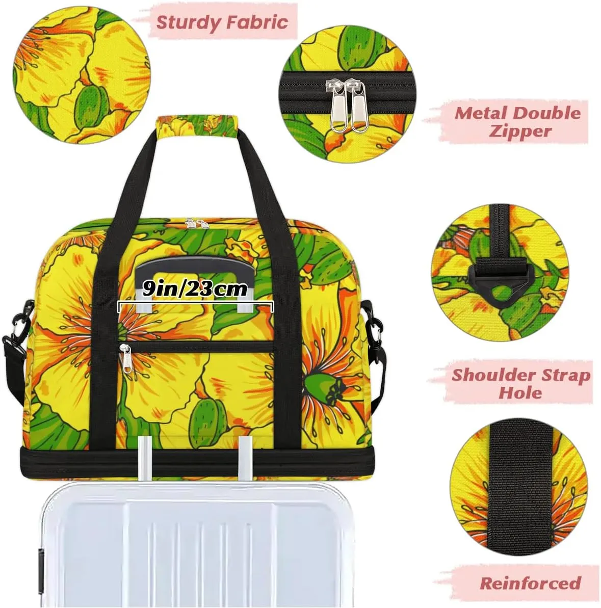 Painting Floral Sports Gym Bag with Shoes Compartment Foldable Travel Duffel Bag Dry Wet Separated Sports Tote Workout Weekender Overnight Bag for Women Yoga Dance Work Training Handbag