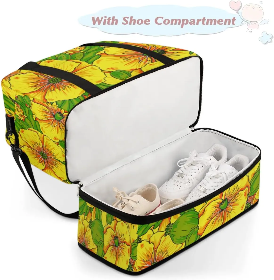 Painting Floral Sports Gym Bag with Shoes Compartment Foldable Travel Duffel Bag Dry Wet Separated Sports Tote Workout Weekender Overnight Bag for Women Yoga Dance Work Training Handbag