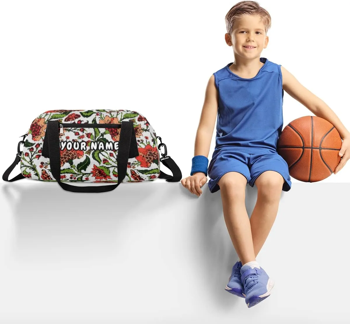 Paisley Flowers Personalized Kids Duffel Bag for Girls Boys, Flowers Debris Custom Name Dance Bag Overnight Small Duffel Bag Carry On Weekend Sports Travel Bag for School Practice Gymnastics Ballet
