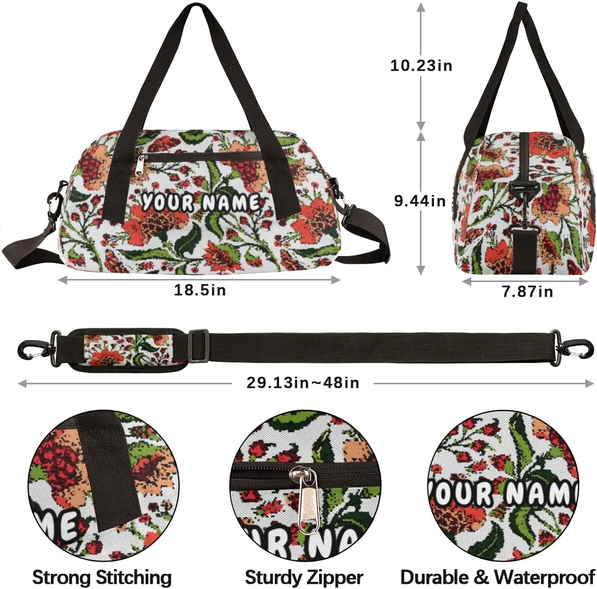 Paisley Flowers Personalized Kids Duffel Bag for Girls Boys, Flowers Debris Custom Name Dance Bag Overnight Small Duffel Bag Carry On Weekend Sports Travel Bag for School Practice Gymnastics Ballet