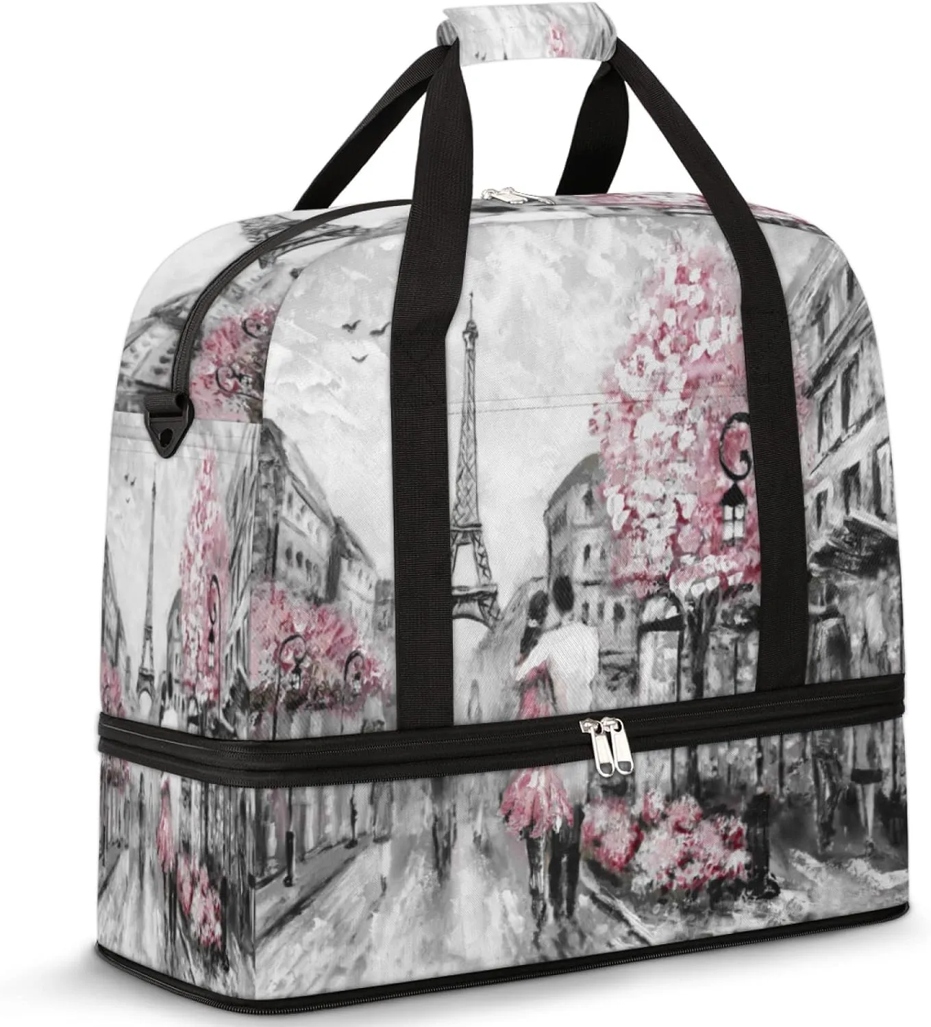 Paris Street Eiffel Tower Travel Duffle Bag, Sports Gym Bag With Shoes Compartment Weekender Bag Overnight Bag For Women Men