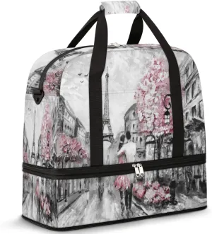 Paris Street Eiffel Tower Travel Duffle Bag, Sports Gym Bag With Shoes Compartment Weekender Bag Overnight Bag For Women Men