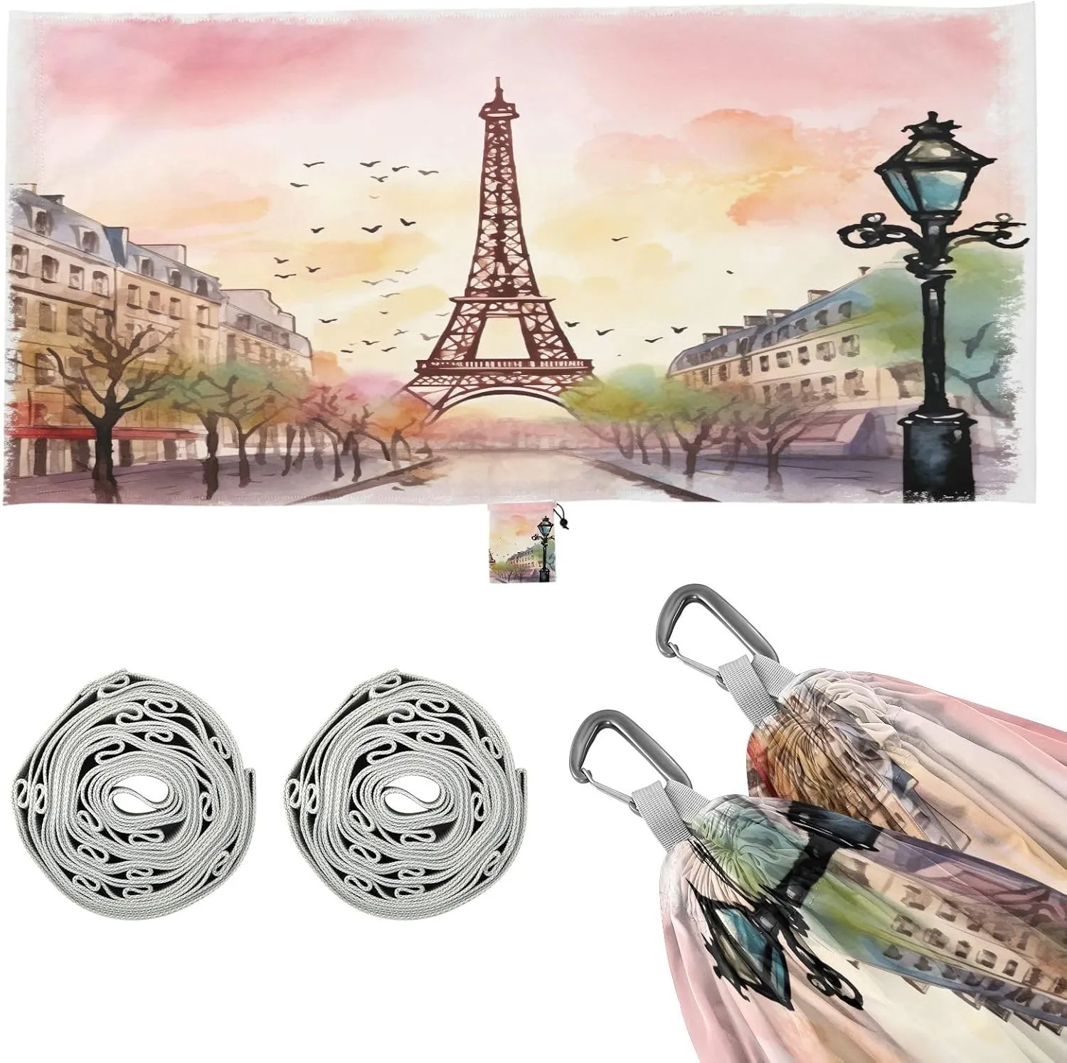 Paris Tower Painting Camping Hammock, Single Portable Hammocks with Tree Straps & Attached Carry Bag, 330Lbs Capacity Perfect for Outside Indoor Hiking Beach Backpack Travel