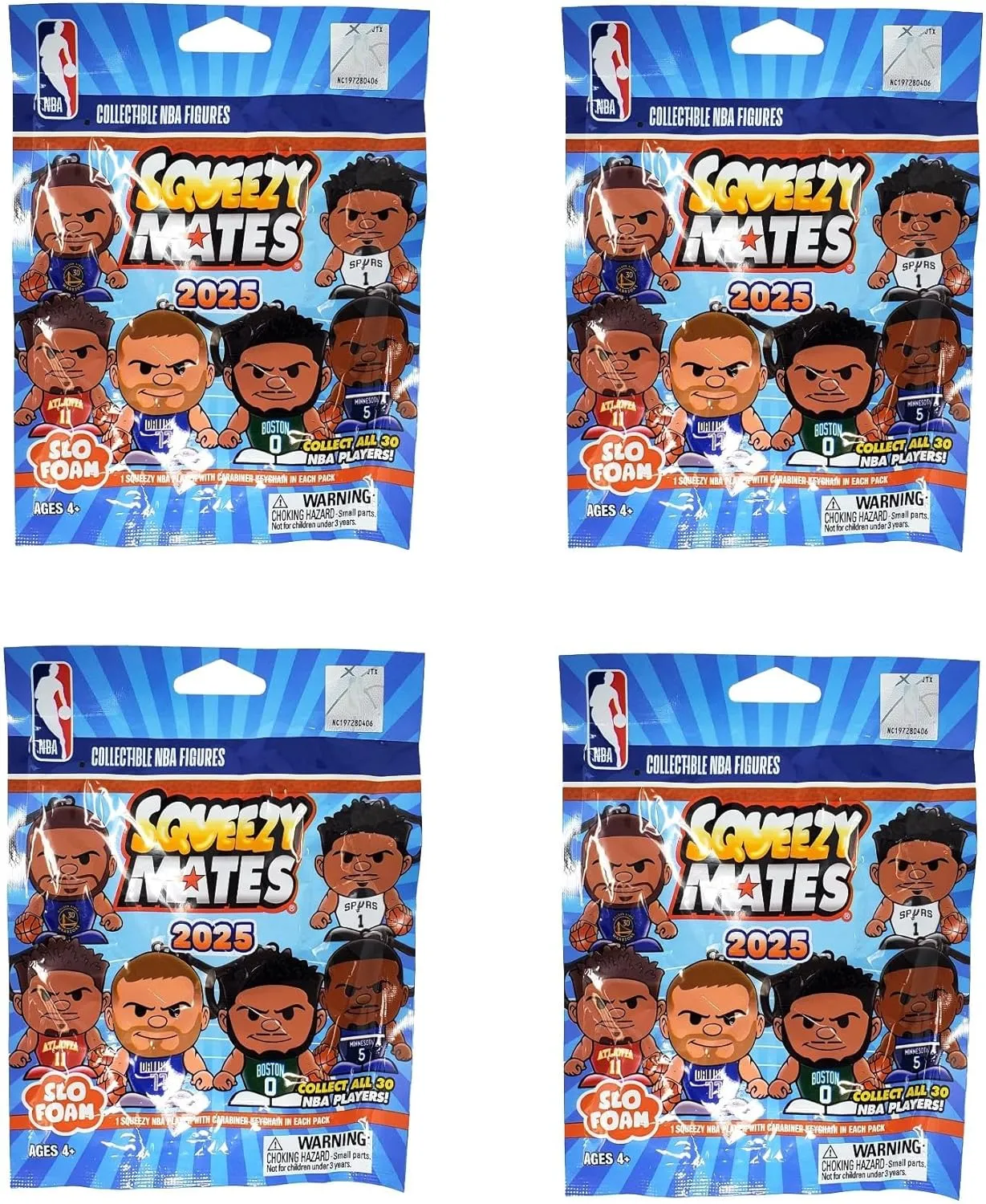 Party Animal - 4 Pack Bundle - Squeezymates NBA Basketball Series 5 Mystery Blind Pack Bag Figure Slofoam Keychain
