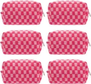 PAZIMIIK Checkered Makeup Bag for Purse Portable Zipper Make Up Pouch Small Cosmetic Case for Travel Accessories (6PCS Hotpink)