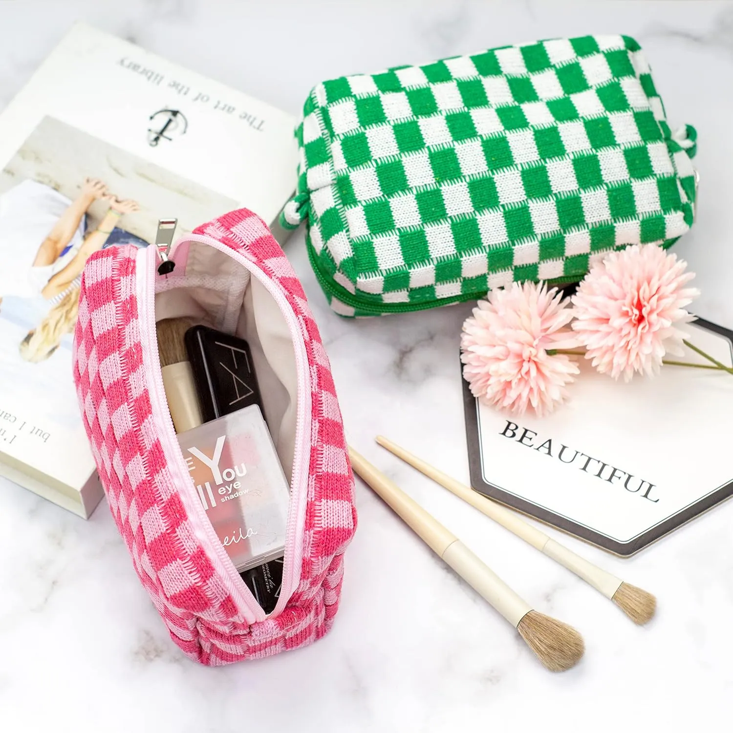 PAZIMIIK Checkered Makeup Bag for Purse Portable Zipper Make Up Pouch Small Cosmetic Case for Travel Accessories (6PCS Hotpink)