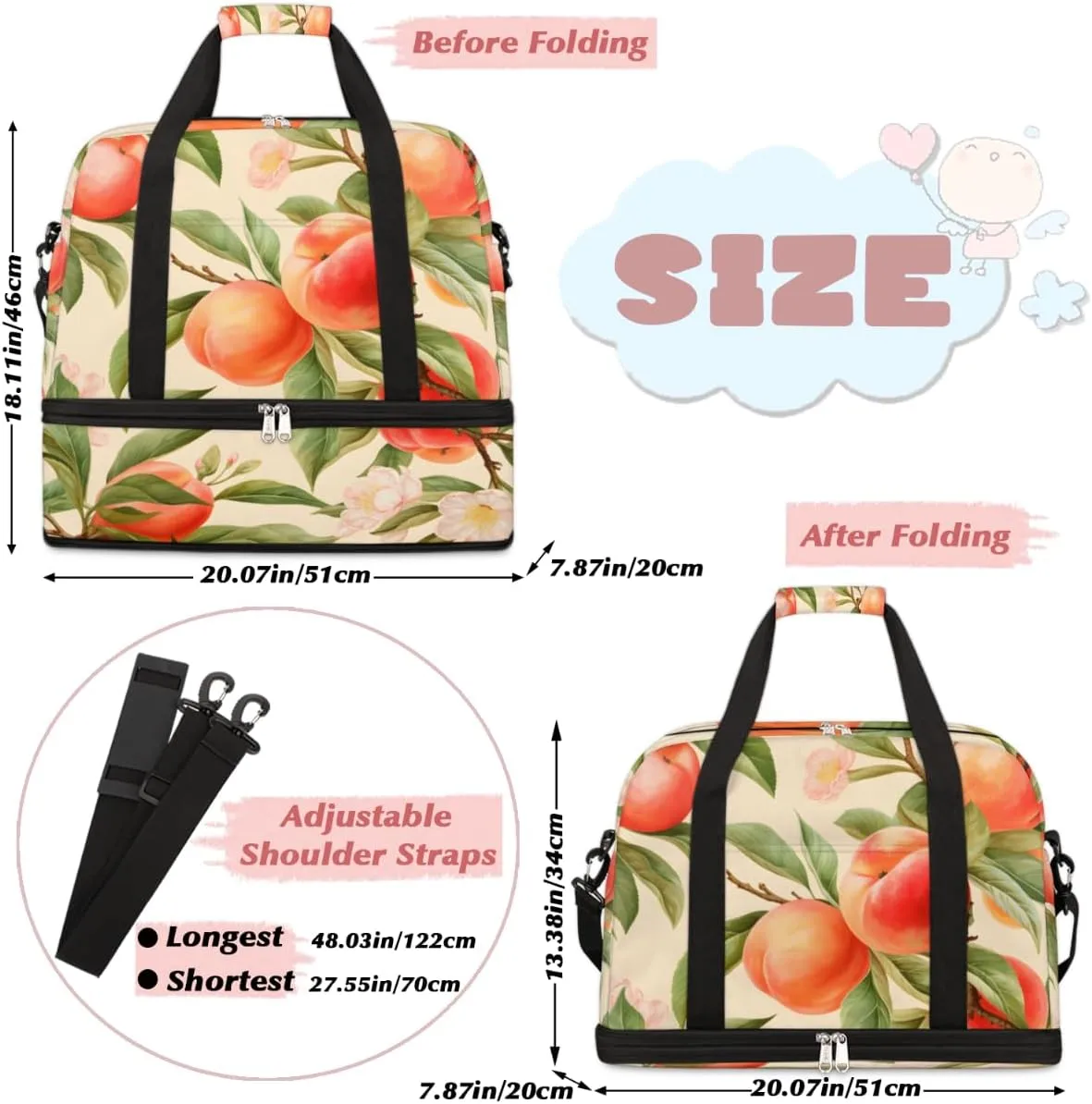 Peach Fruit Foldable Travel Duffel Bag Overnight Weekender Bag with Shoes Compartment Sports Gym Bag for Men Women
