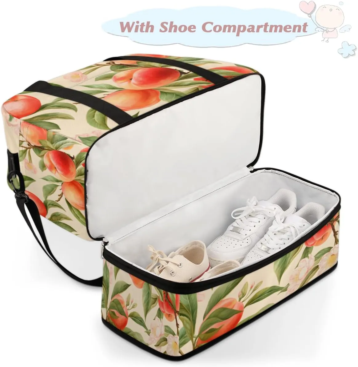 Peach Fruit Foldable Travel Duffel Bag Overnight Weekender Bag with Shoes Compartment Sports Gym Bag for Men Women