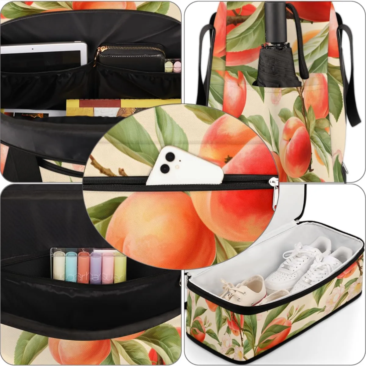 Peach Fruit Foldable Travel Duffel Bag Overnight Weekender Bag with Shoes Compartment Sports Gym Bag for Men Women