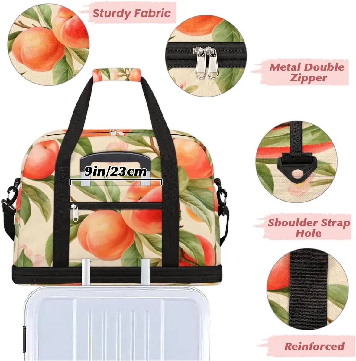Peach Fruit Foldable Travel Duffel Bag Overnight Weekender Bag with Shoes Compartment Sports Gym Bag for Men Women