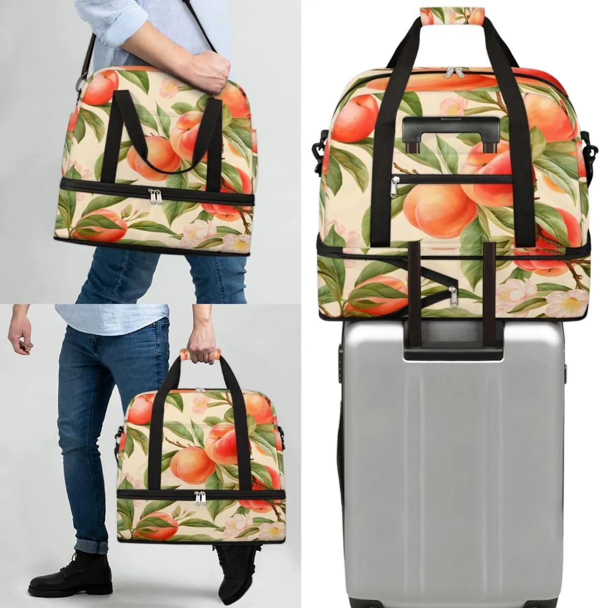 Peach Fruit Foldable Travel Duffel Bag Overnight Weekender Bag with Shoes Compartment Sports Gym Bag for Men Women