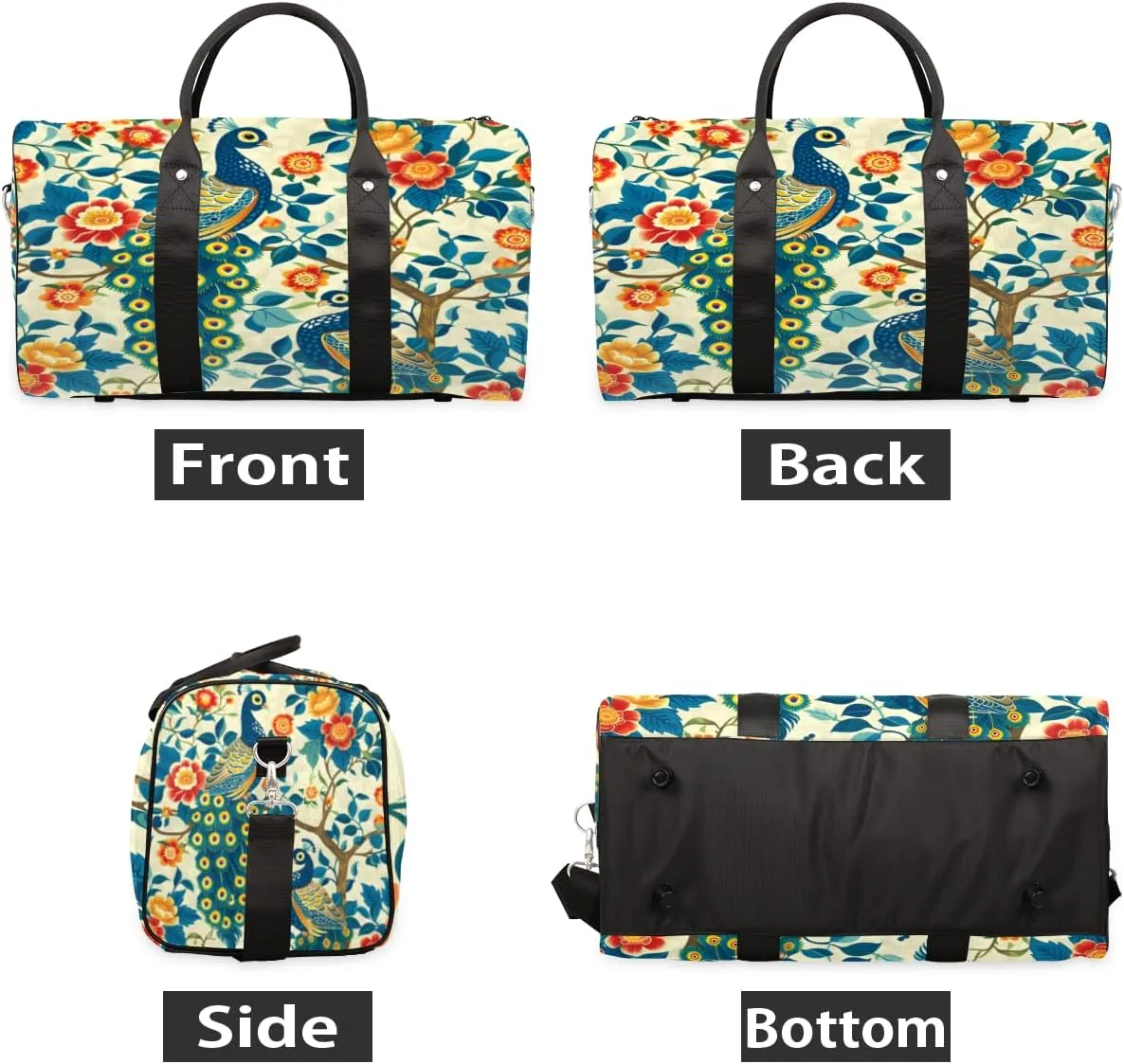 Peacock Travel Duffle Bag, Sports Gym Bags for Women Men, Carry On Weekender Overnight Bag, Peacock Flower Workout Hospital Airplane Trips Bag