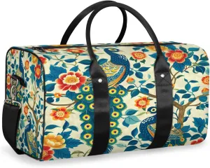 Peacock Travel Duffle Bag, Sports Gym Bags for Women Men, Carry On Weekender Overnight Bag, Peacock Flower Workout Hospital Airplane Trips Bag