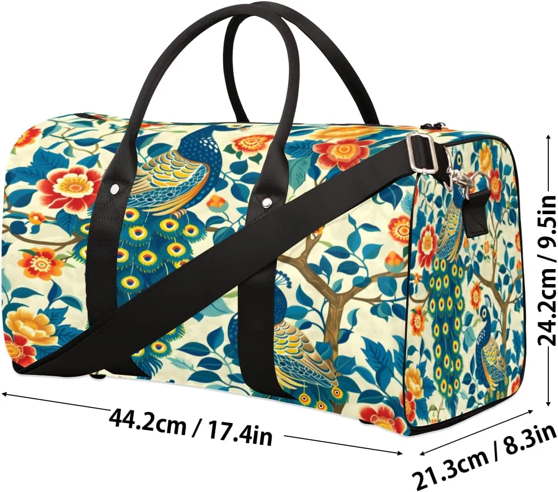 Peacock Travel Duffle Bag, Sports Gym Bags for Women Men, Carry On Weekender Overnight Bag, Peacock Flower Workout Hospital Airplane Trips Bag
