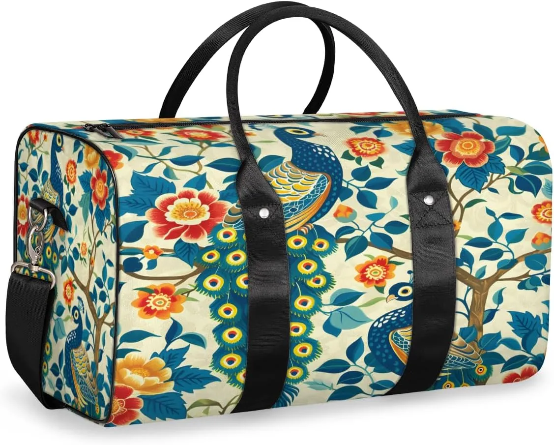 Peacock Travel Duffle Bag, Sports Gym Bags for Women Men, Carry On Weekender Overnight Bag, Peacock Flower Workout Hospital Airplane Trips Bag