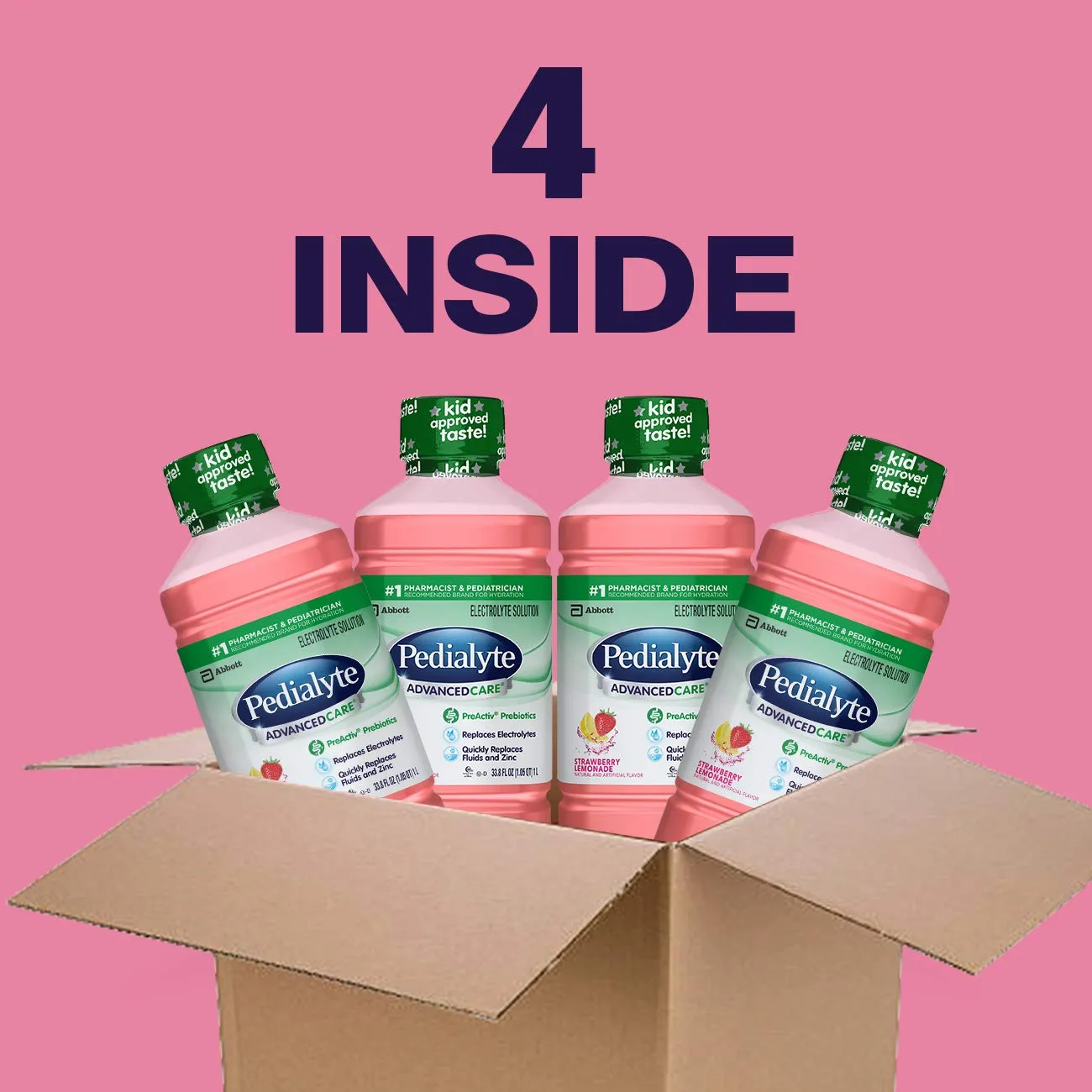 Pedialyte AdvancedCare Electrolyte Solution with PreActiv Prebiotics, Hydration Drink, Strawberry Lemonade, 1 Liter, 4 Count