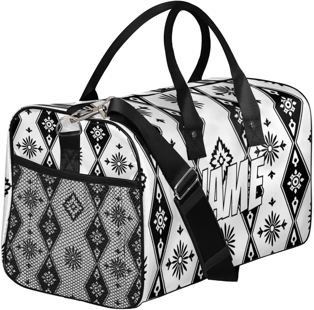 Personalized Bohemian Design Travel Duffel Bag with Name, Custom Gym Sport Bag Black White Carry On Weekend Overnight Duffel Bag for Men Women