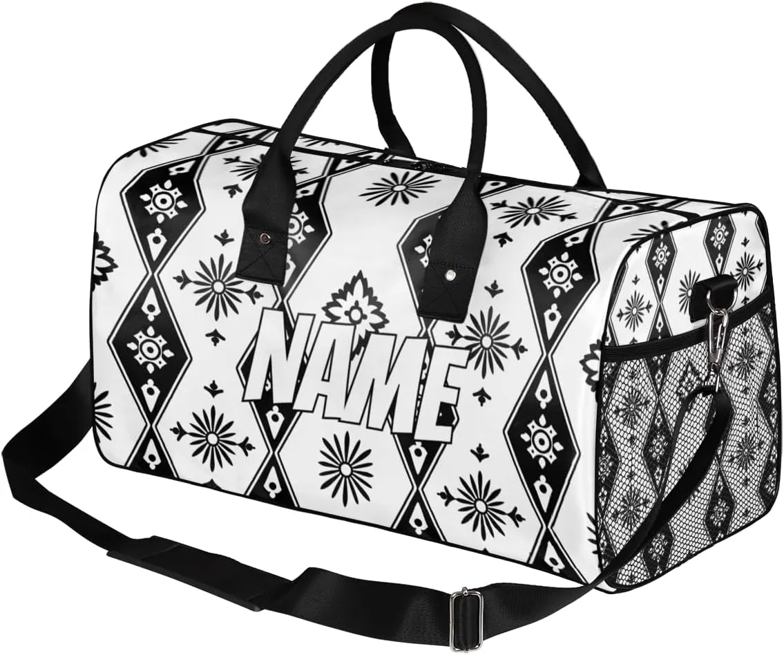 Personalized Bohemian Design Travel Duffel Bag with Name, Custom Gym Sport Bag Black White Carry On Weekend Overnight Duffel Bag for Men Women