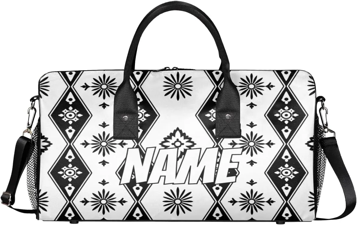 Personalized Bohemian Design Travel Duffel Bag with Name, Custom Gym Sport Bag Black White Carry On Weekend Overnight Duffel Bag for Men Women