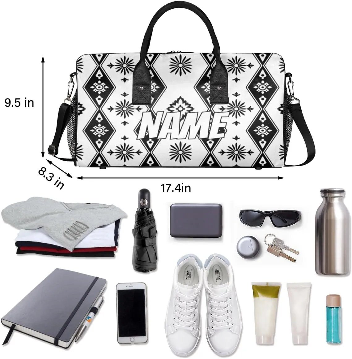Personalized Bohemian Design Travel Duffel Bag with Name, Custom Gym Sport Bag Black White Carry On Weekend Overnight Duffel Bag for Men Women
