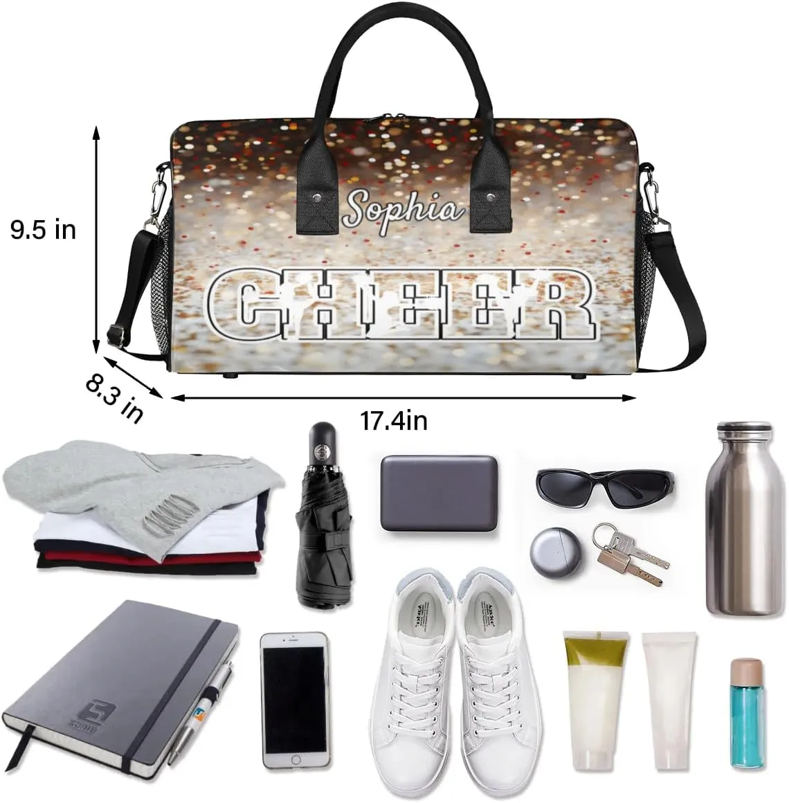 Personalized Cheer Bags for Cheerleaders, Custom Name Sport Duffel Bag Gym Bag Travel Duffle Bag Overnight Weekender Bag Glitters Colourful