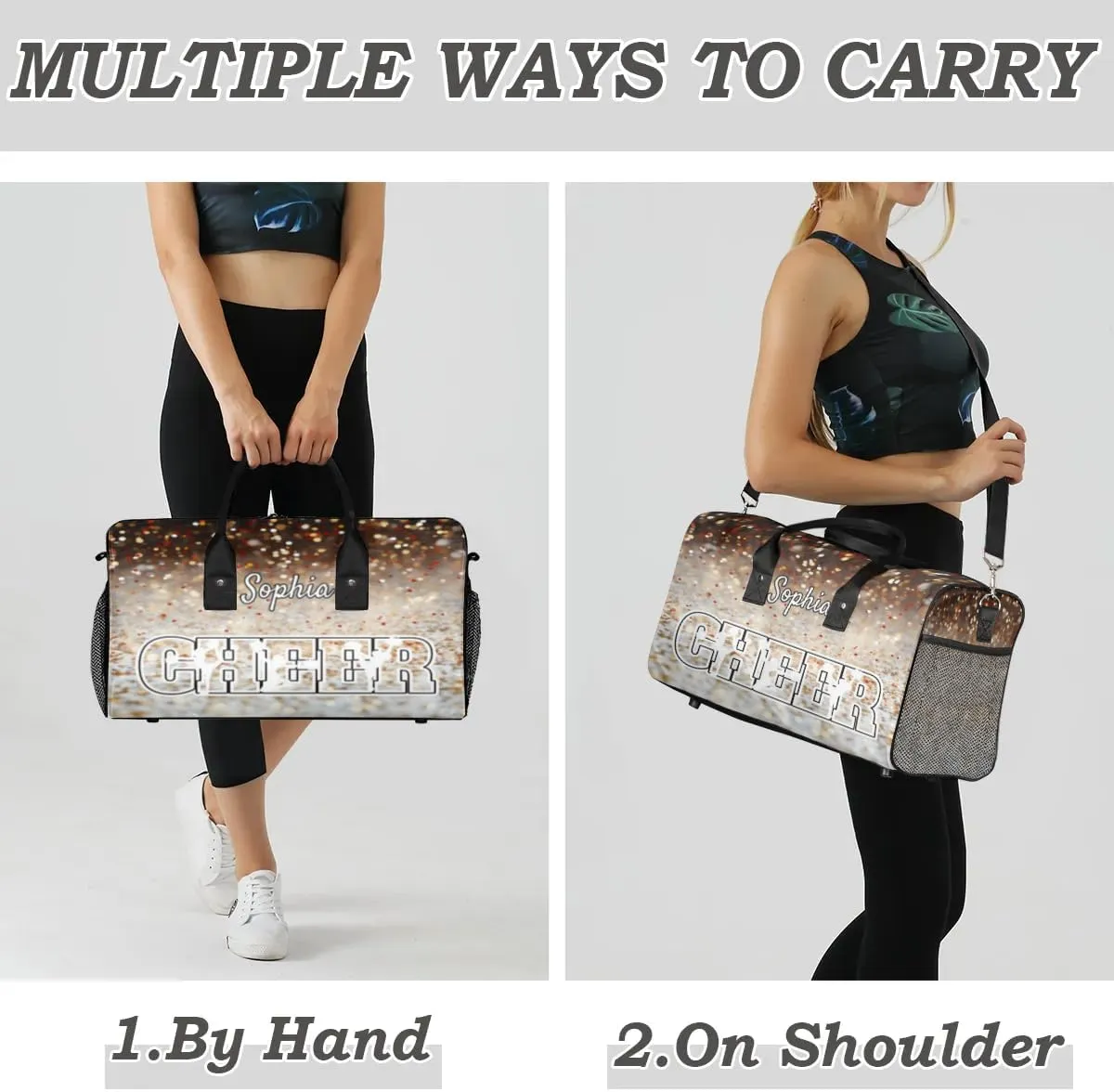 Personalized Cheer Bags for Cheerleaders, Custom Name Sport Duffel Bag Gym Bag Travel Duffle Bag Overnight Weekender Bag Glitters Colourful