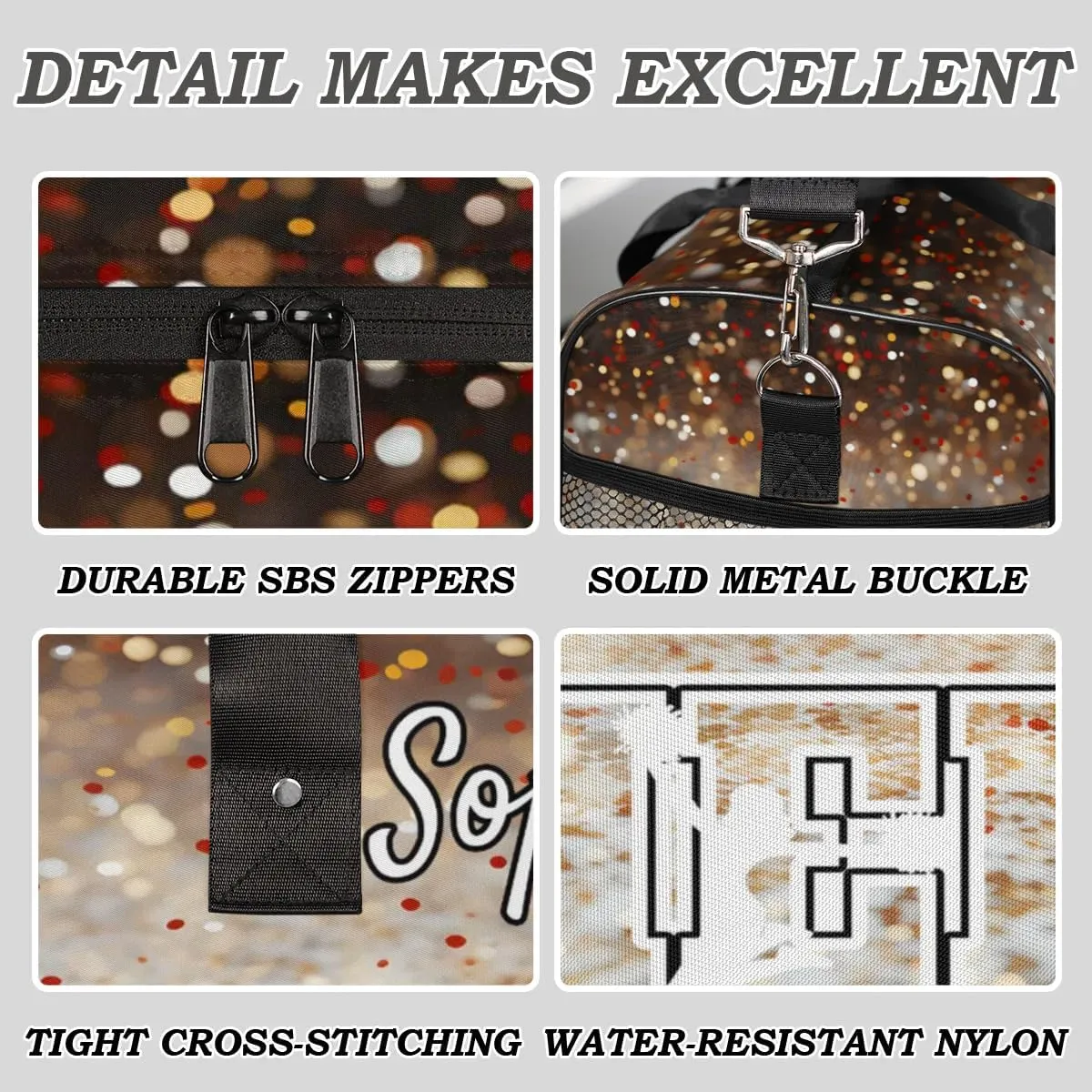 Personalized Cheer Bags for Cheerleaders, Custom Name Sport Duffel Bag Gym Bag Travel Duffle Bag Overnight Weekender Bag Glitters Colourful