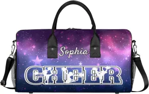 Personalized Cheer Bags for Cheerleaders, Custom Name Sport Duffel Bag Gym Bag Travel Duffle Bag Overnight Weekender Bag Purple Stars Sky