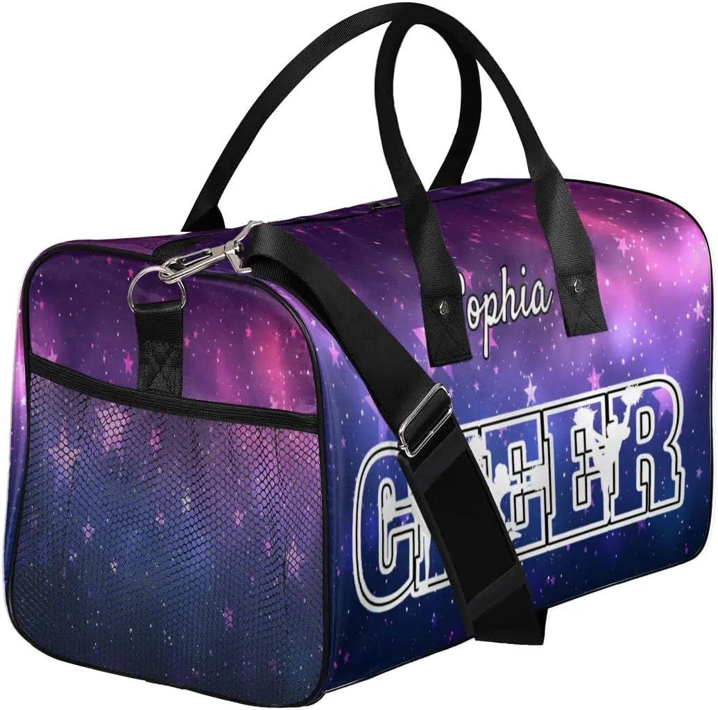 Personalized Cheer Bags for Cheerleaders, Custom Name Sport Duffel Bag Gym Bag Travel Duffle Bag Overnight Weekender Bag Purple Stars Sky