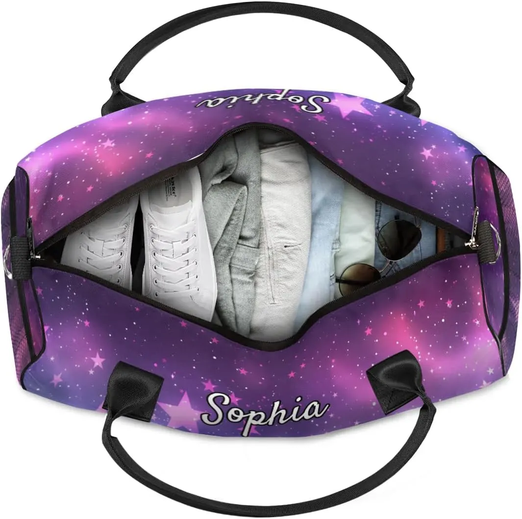 Personalized Cheer Bags for Cheerleaders, Custom Name Sport Duffel Bag Gym Bag Travel Duffle Bag Overnight Weekender Bag Purple Stars Sky