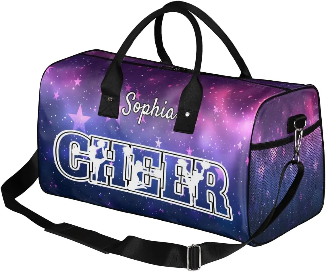 Personalized Cheer Bags for Cheerleaders, Custom Name Sport Duffel Bag Gym Bag Travel Duffle Bag Overnight Weekender Bag Purple Stars Sky