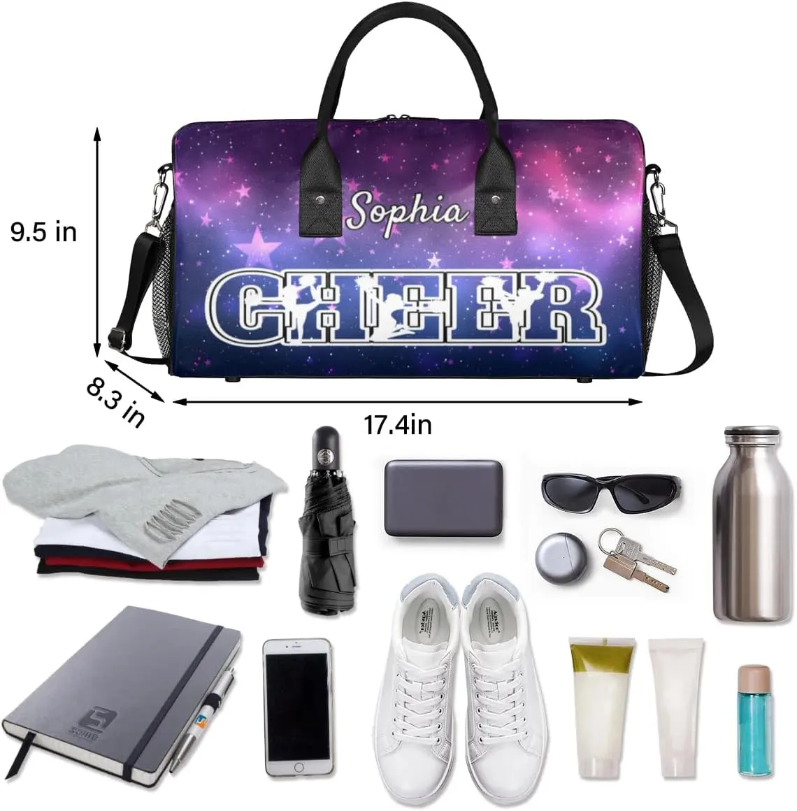 Personalized Cheer Bags for Cheerleaders, Custom Name Sport Duffel Bag Gym Bag Travel Duffle Bag Overnight Weekender Bag Purple Stars Sky