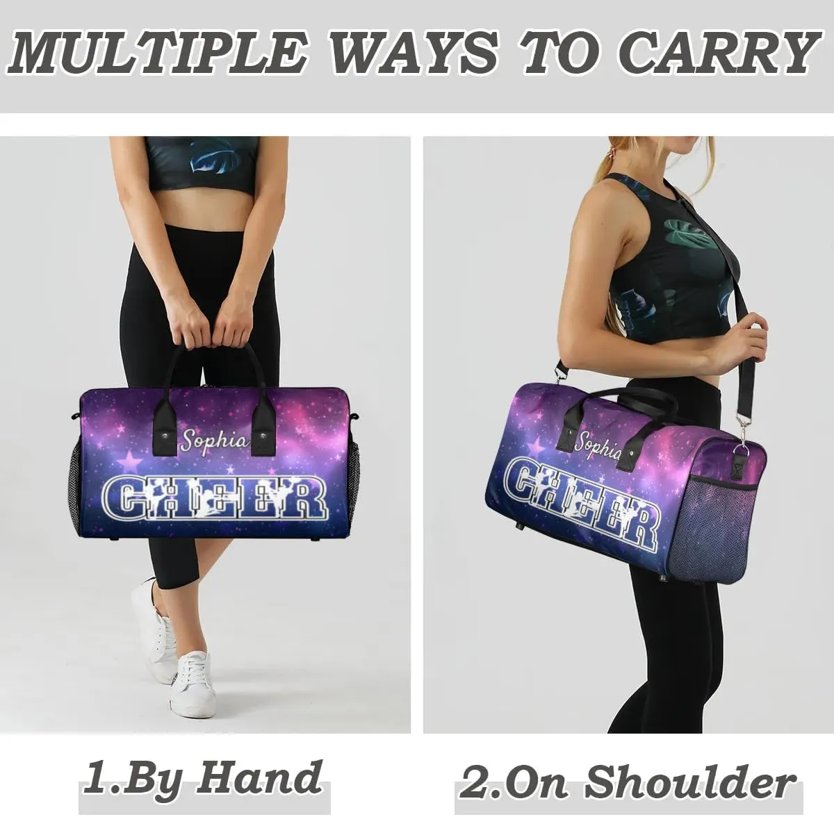 Personalized Cheer Bags for Cheerleaders, Custom Name Sport Duffel Bag Gym Bag Travel Duffle Bag Overnight Weekender Bag Purple Stars Sky