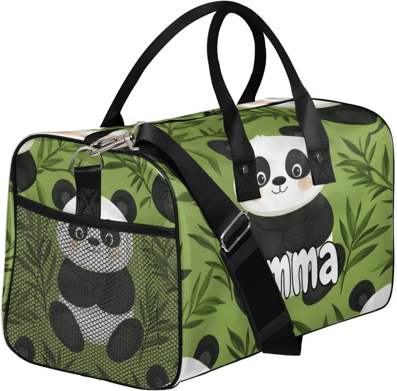 Personalized Cute Panda Travel Duffel Bag with Name, Custom Gym Sport Bag Leaves Tree Asian Carry On Weekend Overnight Duffel Bag for Men Women