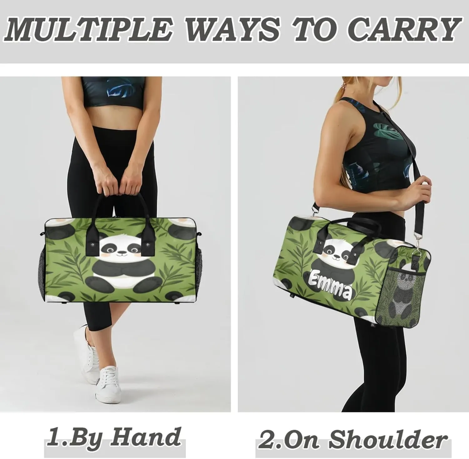 Personalized Cute Panda Travel Duffel Bag with Name, Custom Gym Sport Bag Leaves Tree Asian Carry On Weekend Overnight Duffel Bag for Men Women