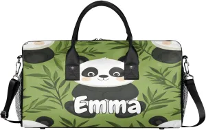 Personalized Cute Panda Travel Duffel Bag with Name, Custom Gym Sport Bag Leaves Tree Asian Carry On Weekend Overnight Duffel Bag for Men Women