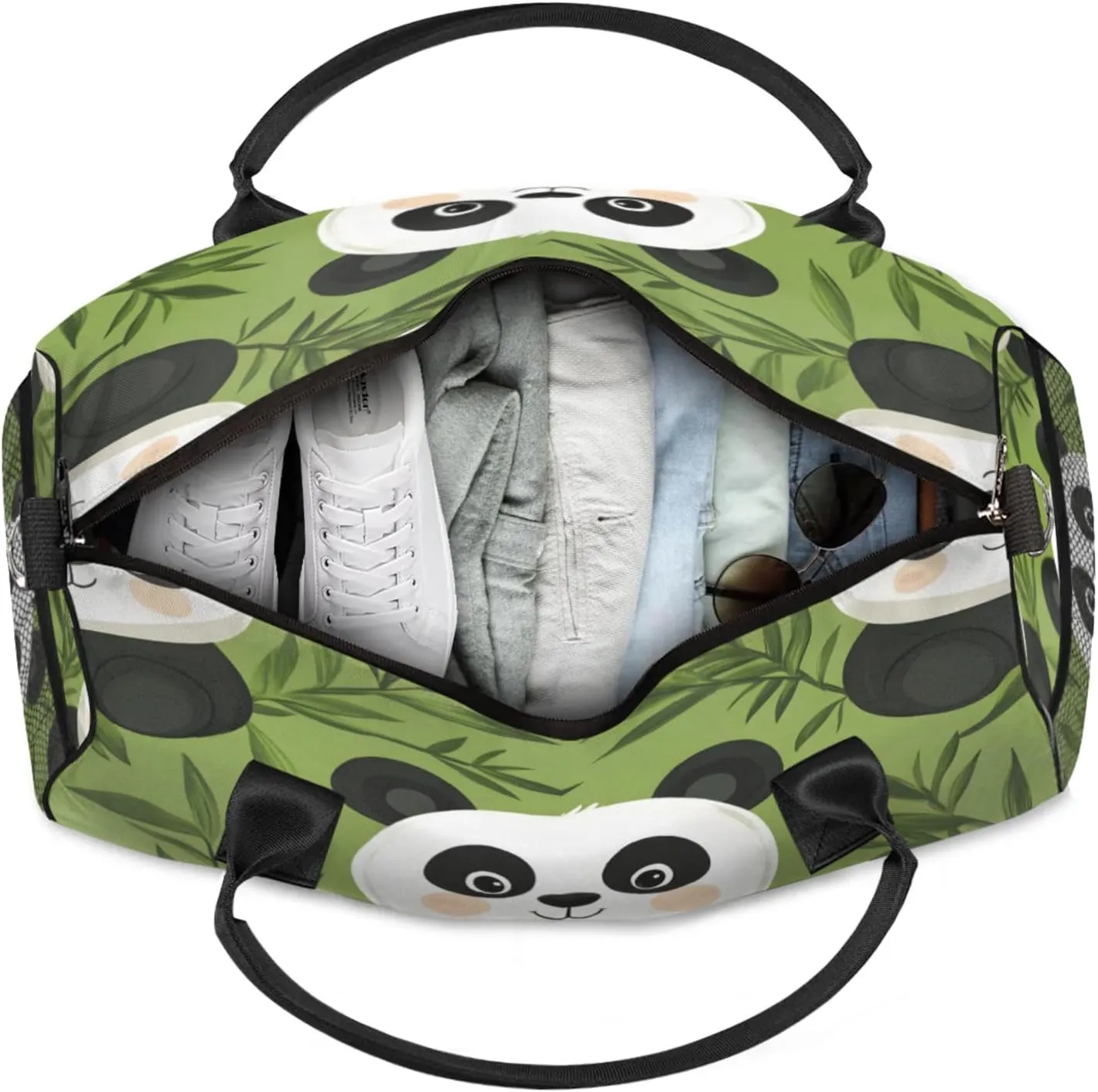 Personalized Cute Panda Travel Duffel Bag with Name, Custom Gym Sport Bag Leaves Tree Asian Carry On Weekend Overnight Duffel Bag for Men Women