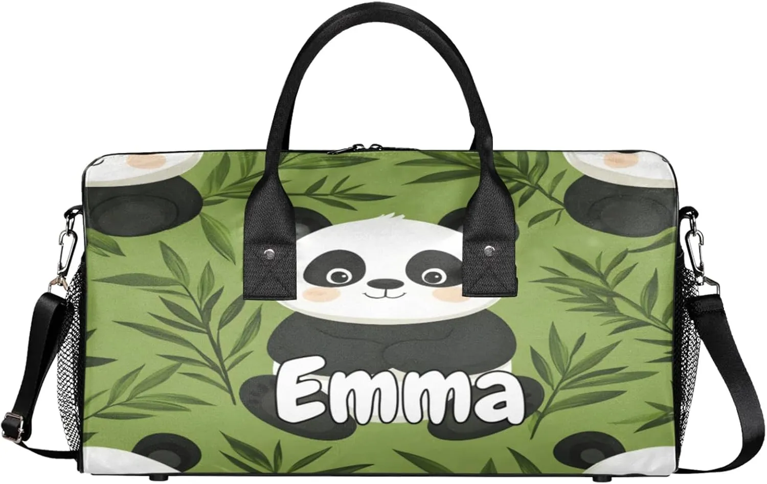 Personalized Cute Panda Travel Duffel Bag with Name, Custom Gym Sport Bag Leaves Tree Asian Carry On Weekend Overnight Duffel Bag for Men Women