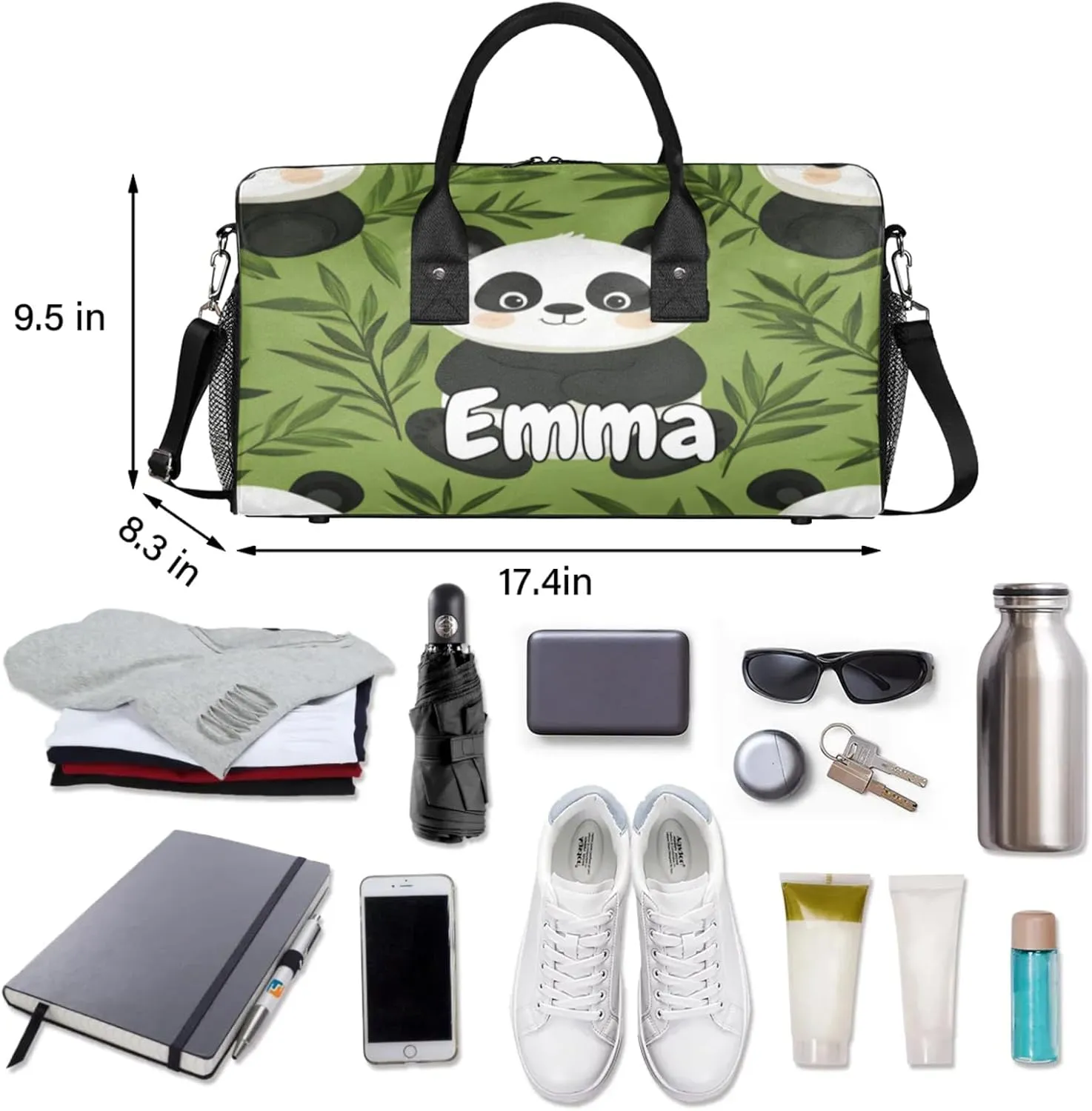 Personalized Cute Panda Travel Duffel Bag with Name, Custom Gym Sport Bag Leaves Tree Asian Carry On Weekend Overnight Duffel Bag for Men Women