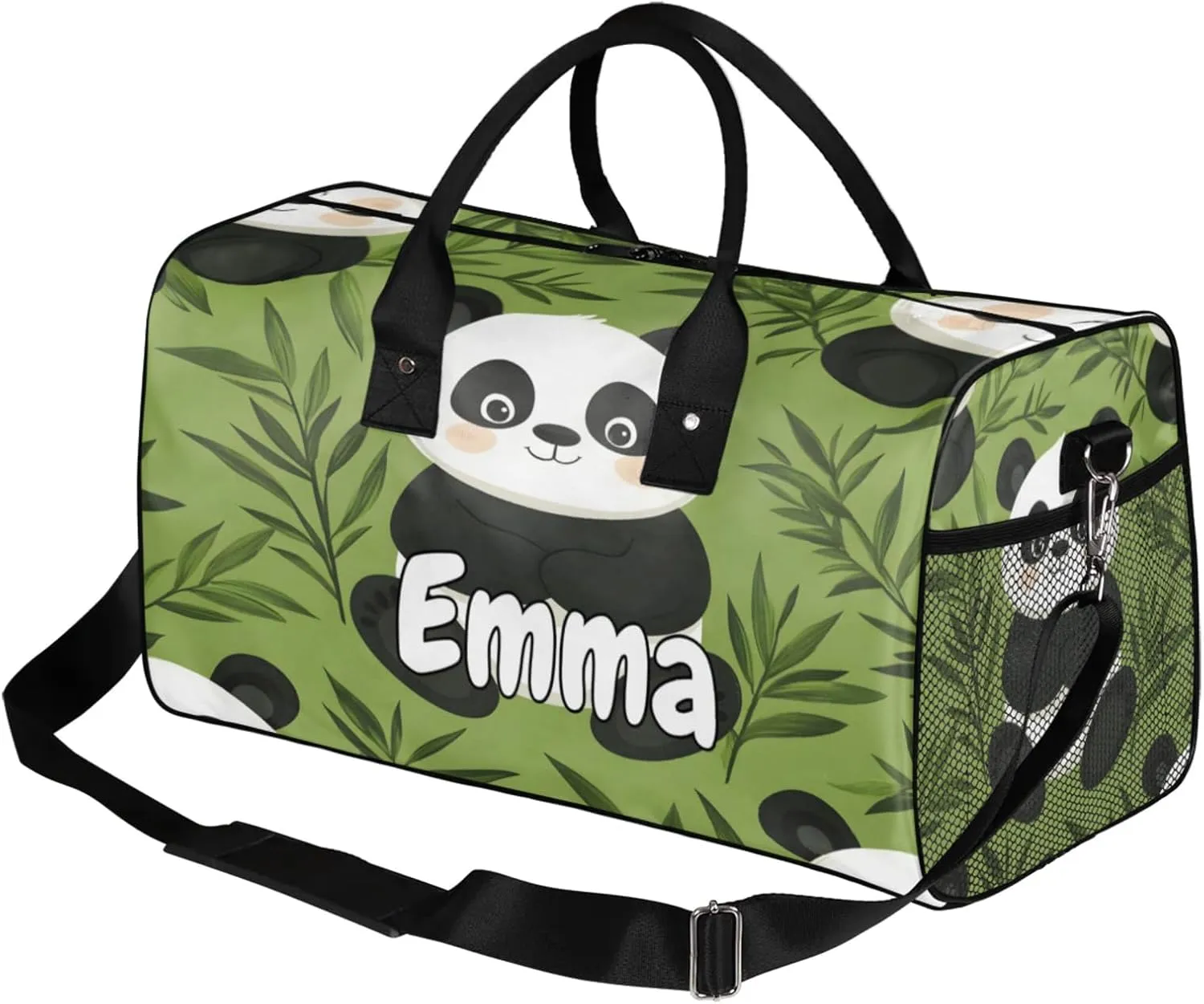Personalized Cute Panda Travel Duffel Bag with Name, Custom Gym Sport Bag Leaves Tree Asian Carry On Weekend Overnight Duffel Bag for Men Women