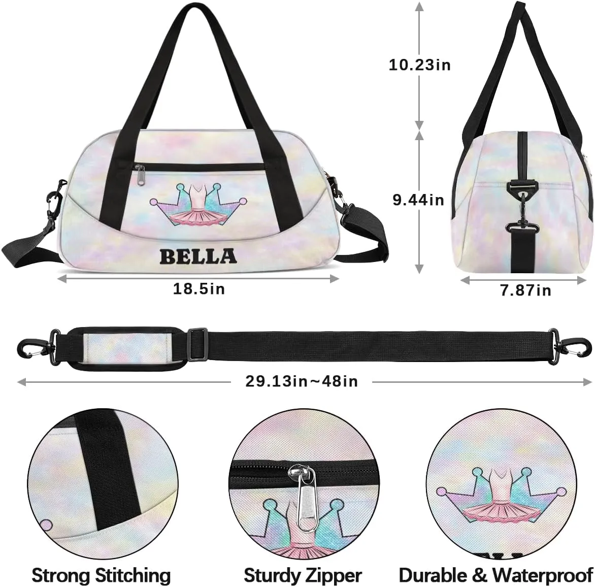 Personalized Dance Bag Gym Bag for Girl, Custom Sport Duffel Bag Weekender Bags Travel Duffel Bag Colorful Crown Ballet Dress