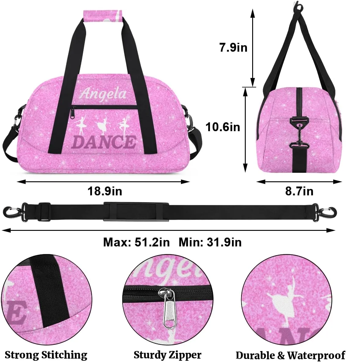 Personalized Dance Bag Kids Duffel Bag for Girls Pink Theme Small Sport Gym Bag Custom Overnight Weekender Bag Carry on Dance Bag for Traveling Gymnastic