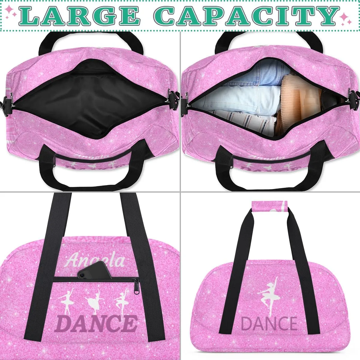 Personalized Dance Bag Kids Duffel Bag for Girls Pink Theme Small Sport Gym Bag Custom Overnight Weekender Bag Carry on Dance Bag for Traveling Gymnastic