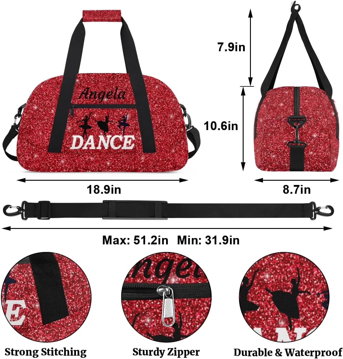 Personalized Dance Bag Kids Duffel Bag for Girls Red Theme Small Sport Gym Bag Custom Overnight Weekender Bag Carry on Dance Bag for Traveling Gymnastic
