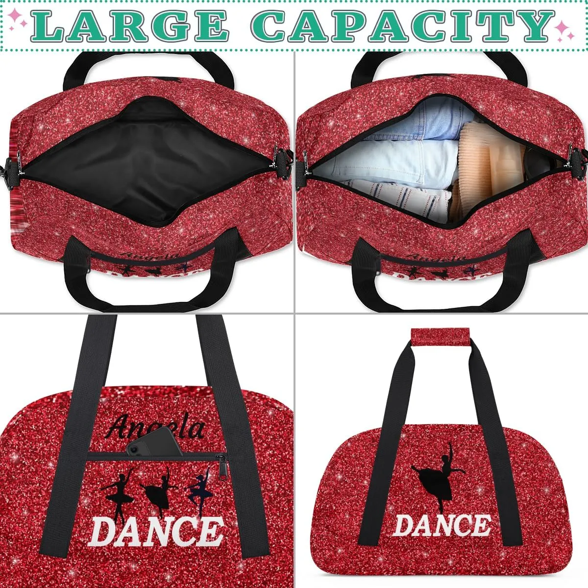 Personalized Dance Bag Kids Duffel Bag for Girls Red Theme Small Sport Gym Bag Custom Overnight Weekender Bag Carry on Dance Bag for Traveling Gymnastic