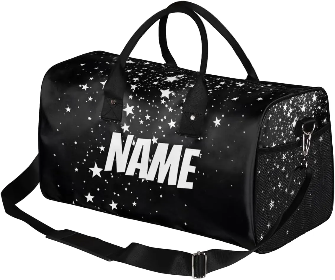 Personalized Galaxy Stars Travel Duffel Bag with Name, Custom Gym Sport Bag Starry Theme Carry On Weekend Overnight Duffel Bag for Men Women