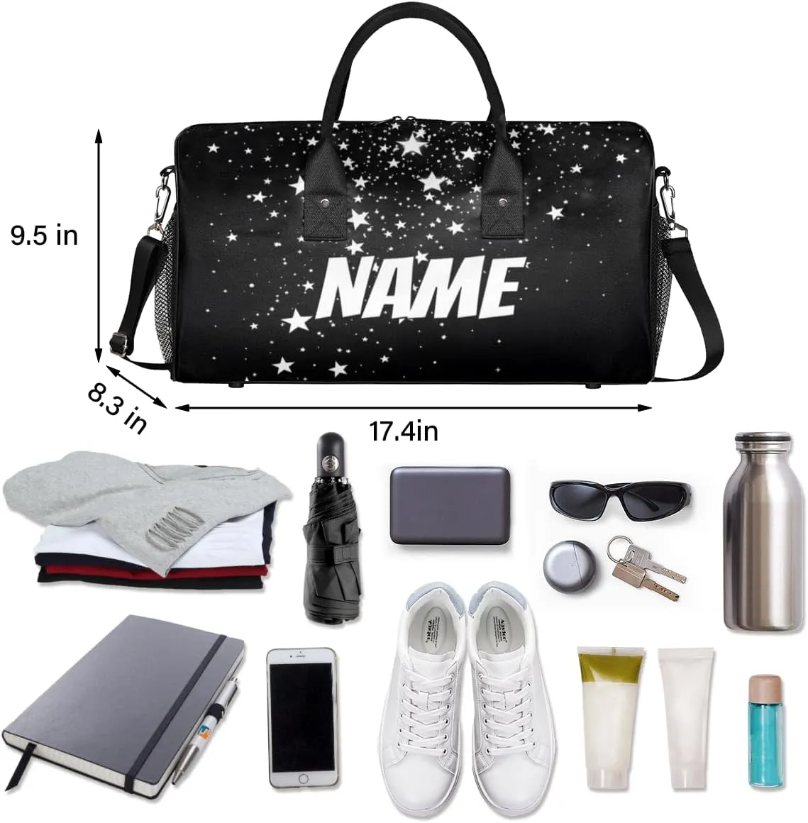Personalized Galaxy Stars Travel Duffel Bag with Name, Custom Gym Sport Bag Starry Theme Carry On Weekend Overnight Duffel Bag for Men Women