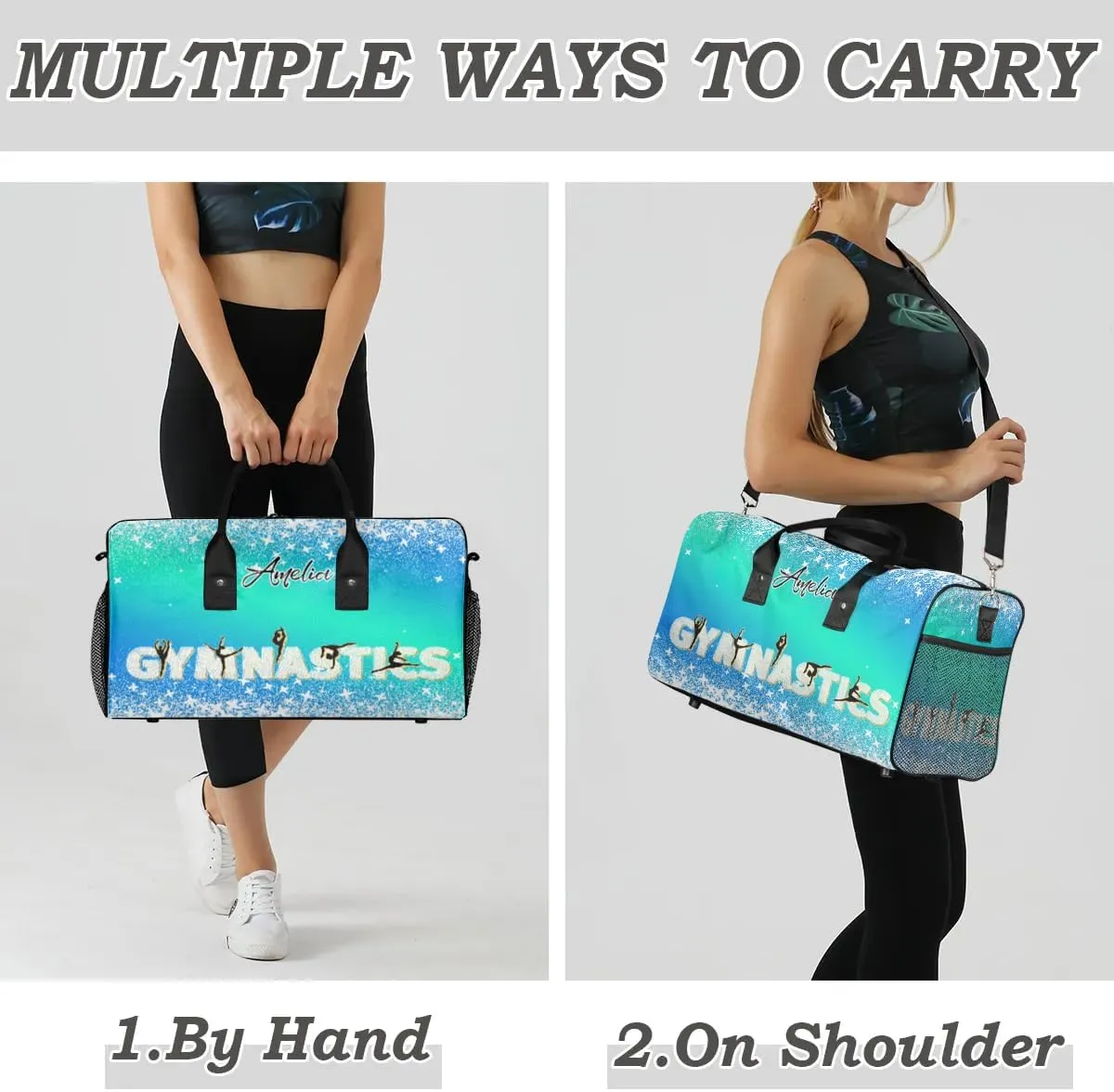 Personalized Gymnastics Bag Custom Sport Duffel Bag Large Gym Bag Gymnastics Gifts Overnight Weekender Travel Duffle Bag Blue Green Gradient